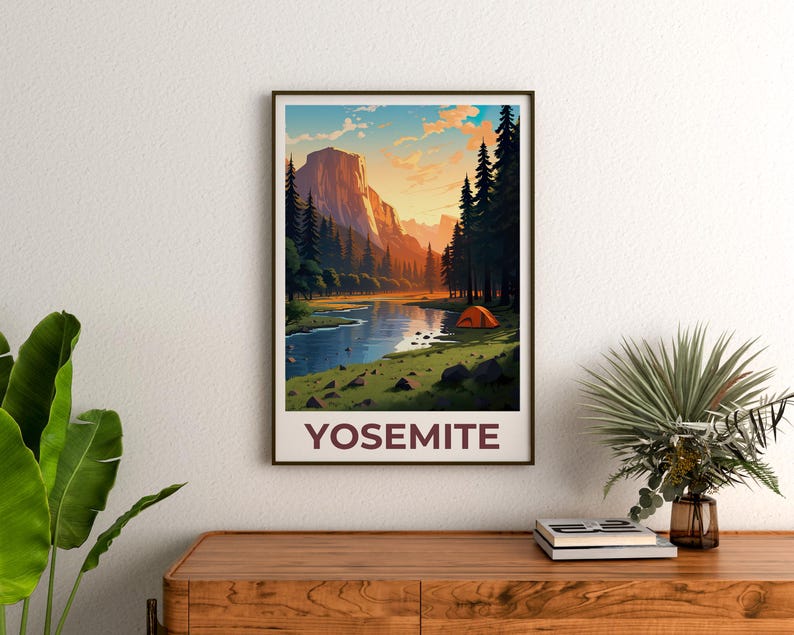 Yosemite National Park Print Poster, Camping Wall Art, Yosemite Poster, Travel Gift Idea, Forest Illustration, California Poster
