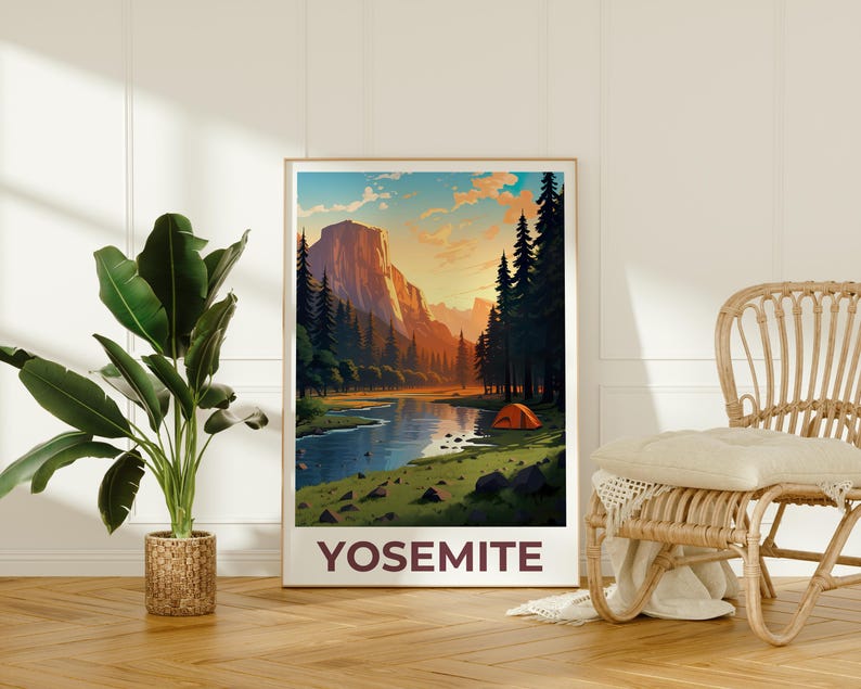 Yosemite National Park Print Poster, Camping Wall Art, Yosemite Poster, Travel Gift Idea, Forest Illustration, California Poster
