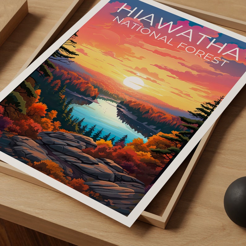 Affiche de la forĂȘt nationale de Hiawatha, impression Hiawatha, affiche du Michigan, impression Michigan, affiche de voyage Hiawatha, affiche de la forĂȘt, art du Michigan