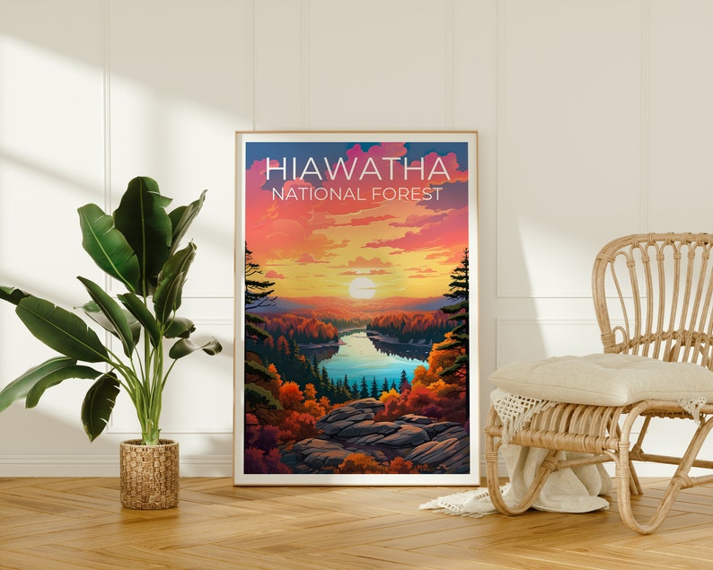 Affiche de la forĂȘt nationale de Hiawatha, impression Hiawatha, affiche du Michigan, impression Michigan, affiche de voyage Hiawatha, affiche de la forĂȘt, art du Michigan