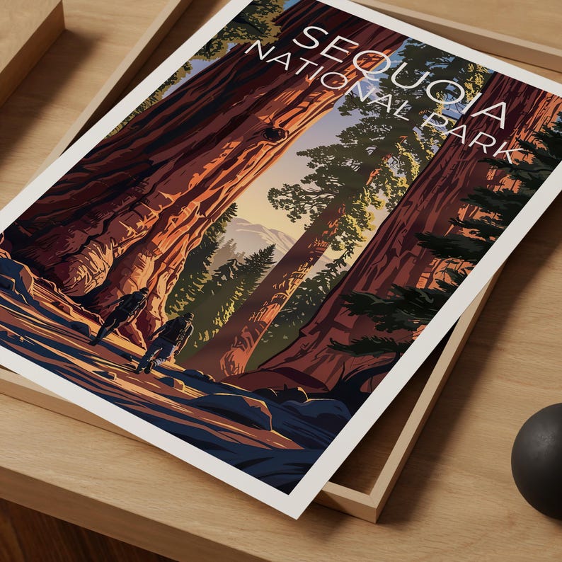 Sequoia National Park Poster, California Travel Print, Giant Tree Art, Hiking Illustration, Landscape Poster, Home Decor, Birthday Gift