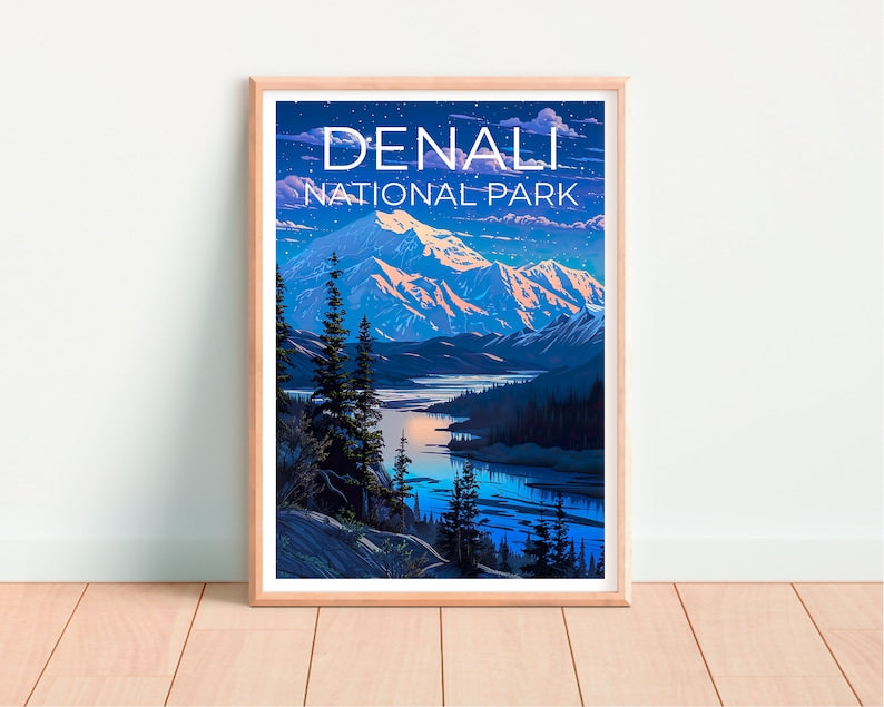 Affiche de voyage Denali, art mural de l'Alaska, impression de l'Alaska, affiche Denali, affiche de l'Alaska, art du parc national