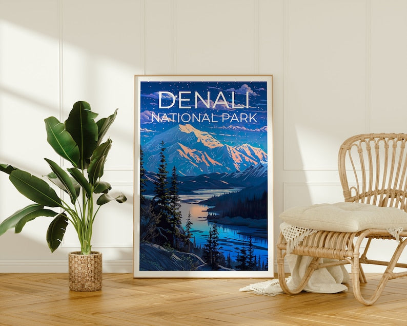 Affiche de voyage Denali, art mural de l'Alaska, impression de l'Alaska, affiche Denali, affiche de l'Alaska, art du parc national