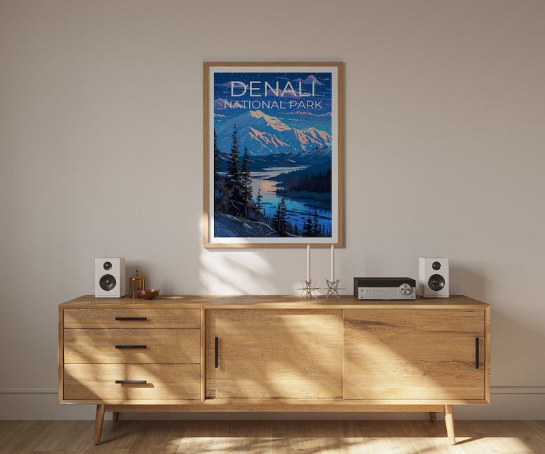 Affiche de voyage Denali, art mural de l'Alaska, impression de l'Alaska, affiche Denali, affiche de l'Alaska, art du parc national