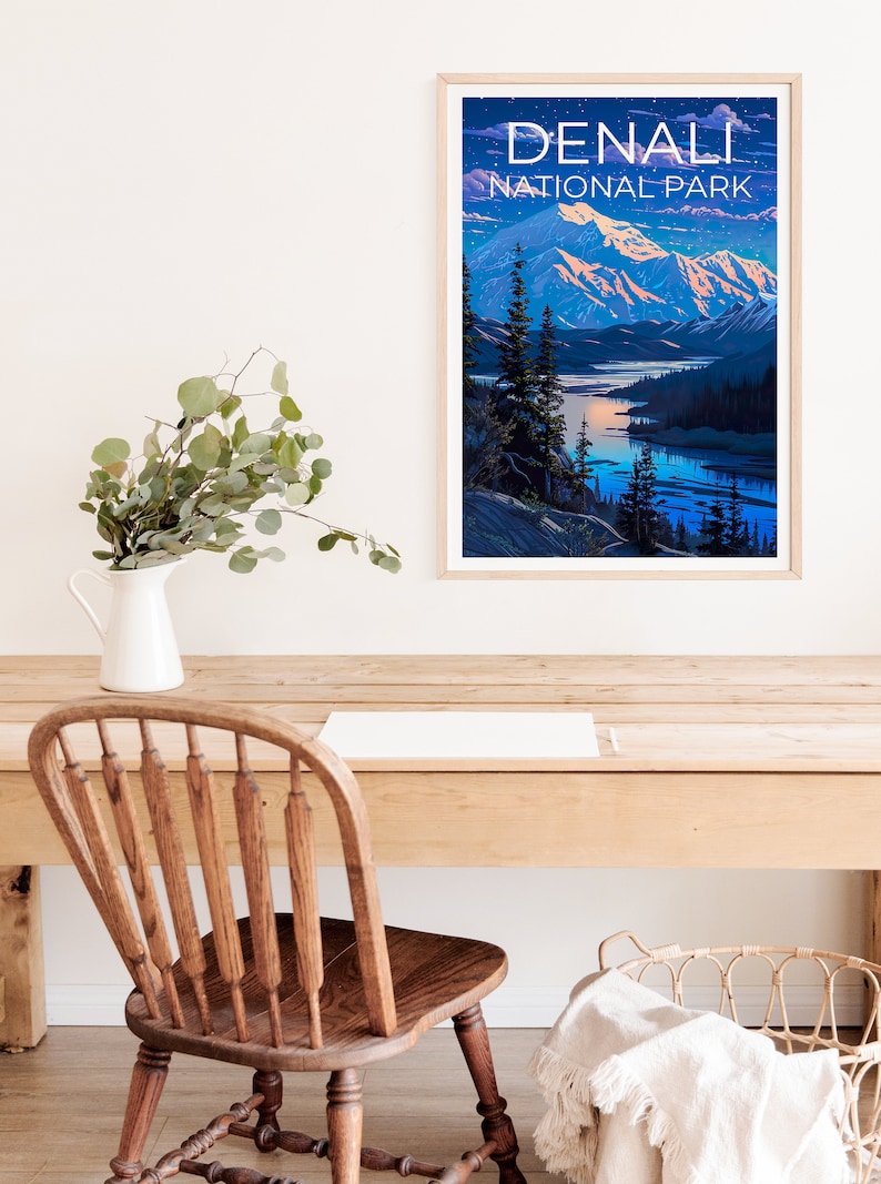 Affiche de voyage Denali, art mural de l'Alaska, impression de l'Alaska, affiche Denali, affiche de l'Alaska, art du parc national