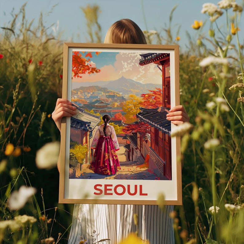 Seoul Poster, South Korea Travel Print, Bukchon Hanok Village Art, Korean Illustration, Hanbok Dress Poster, Home Decor, Birthday Gift