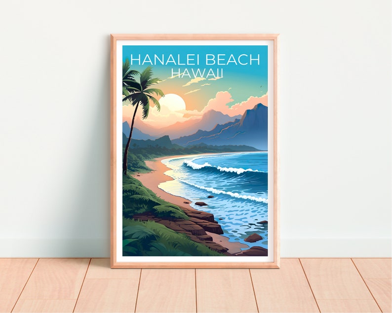 Hanalei Beach Poster, Hawaii Print, Hawaii Art, Hanalei Beach Print, Hawaii Travel Poster, Coast Poster, Hanalei Beach Wall Art