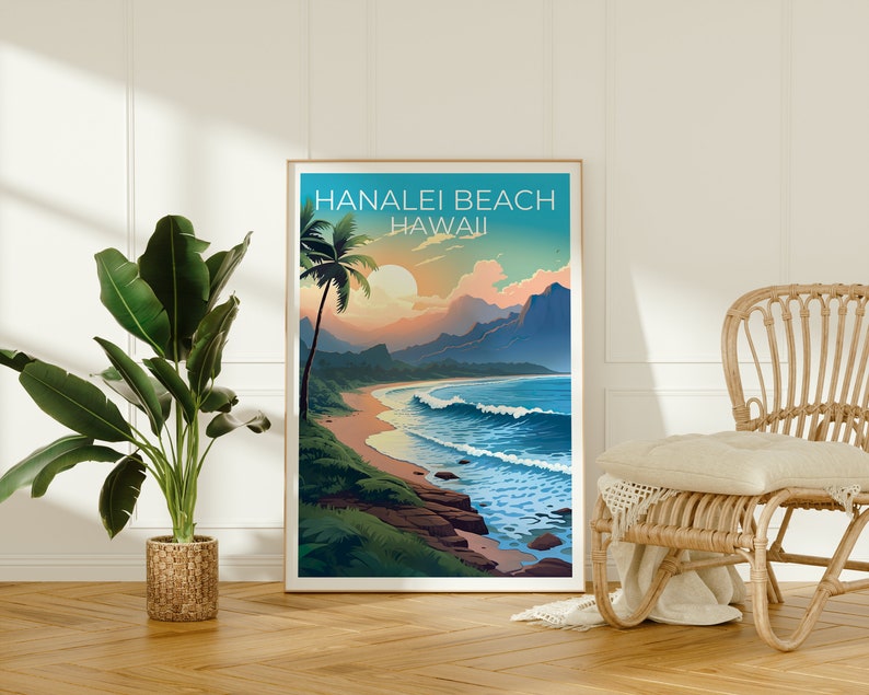 Hanalei Beach Poster, Hawaii Print, Hawaii Art, Hanalei Beach Print, Hawaii Travel Poster, Coast Poster, Hanalei Beach Wall Art
