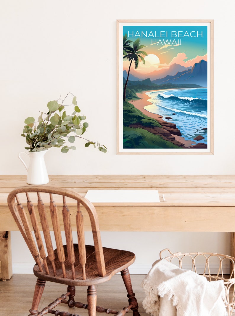 Hanalei Beach Poster, Hawaii Print, Hawaii Art, Hanalei Beach Print, Hawaii Travel Poster, Coast Poster, Hanalei Beach Wall Art