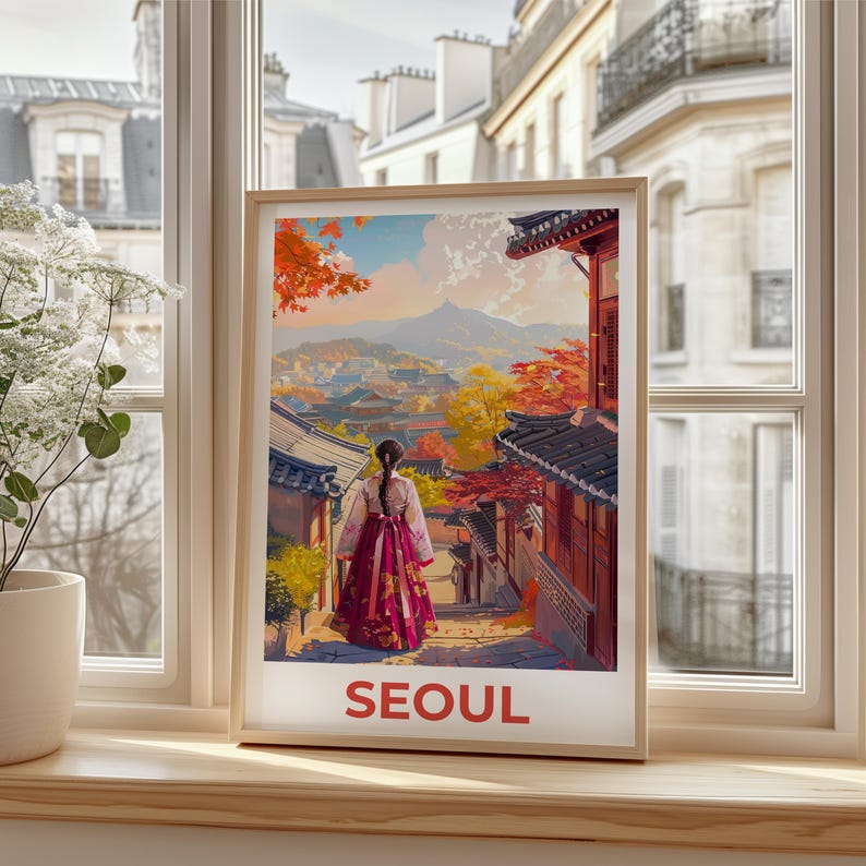 Seoul Poster, South Korea Travel Print, Bukchon Hanok Village Art, Korean Illustration, Hanbok Dress Poster, Home Decor, Birthday Gift