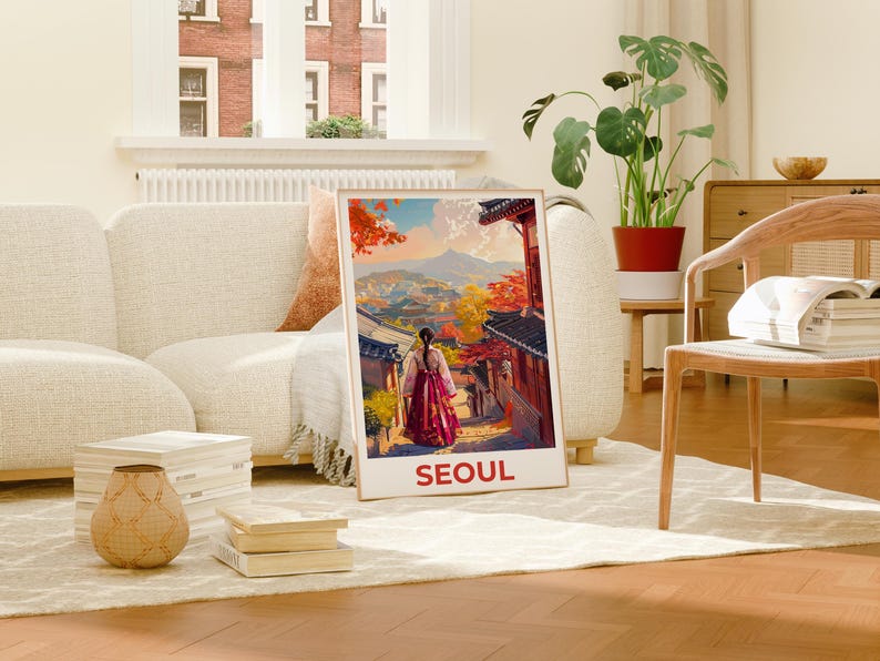 Seoul Poster, South Korea Travel Print, Bukchon Hanok Village Art, Korean Illustration, Hanbok Dress Poster, Home Decor, Birthday Gift