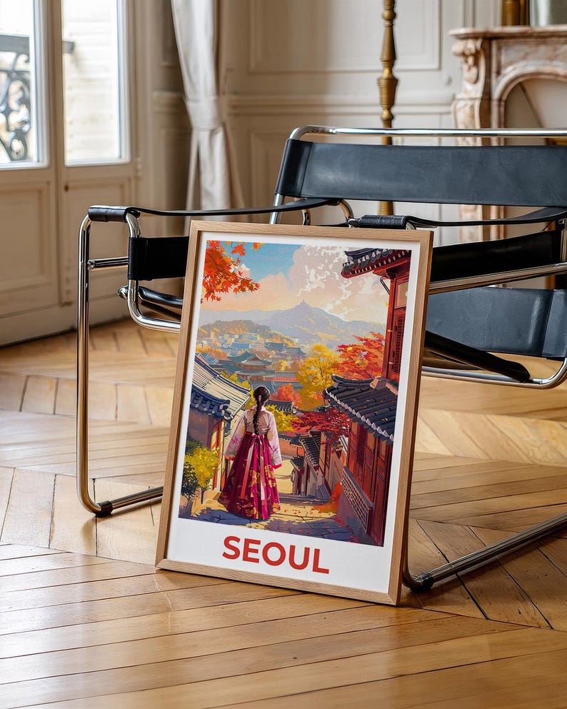Seoul Poster, South Korea Travel Print, Bukchon Hanok Village Art, Korean Illustration, Hanbok Dress Poster, Home Decor, Birthday Gift