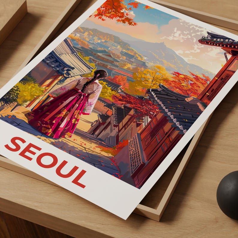 Seoul Poster, South Korea Travel Print, Bukchon Hanok Village Art, Korean Illustration, Hanbok Dress Poster, Home Decor, Birthday Gift