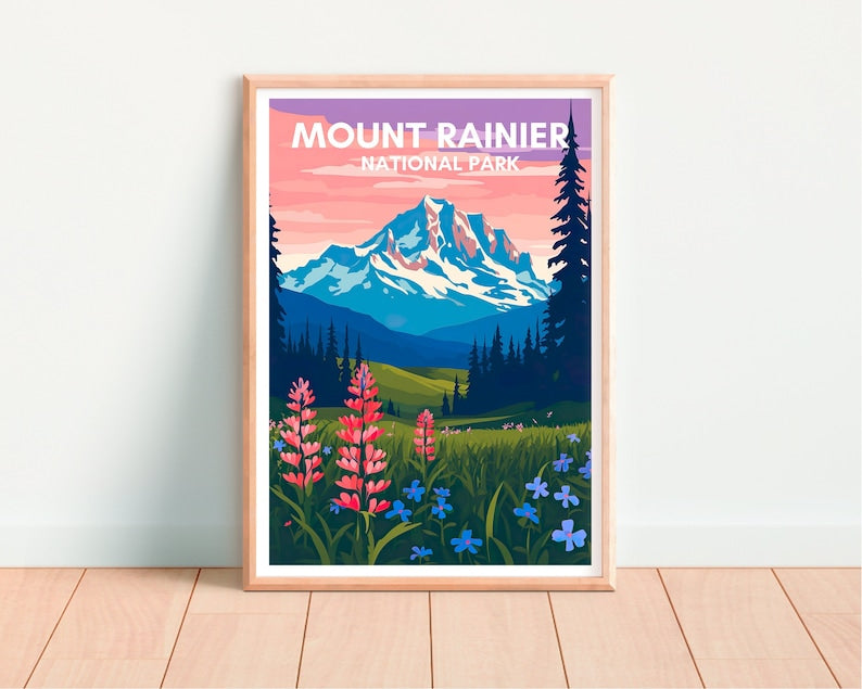Affiche de voyage du mont Rainier, art mural du mont Rainier, impression du parc national, affiche du mont Rainier, art de la montagne, affiche de la nature, décoration murale
