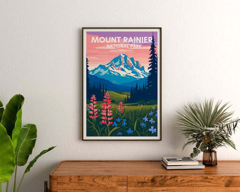 Affiche de voyage du mont Rainier, art mural du mont Rainier, impression du parc national, affiche du mont Rainier, art de la montagne, affiche de la nature, décoration murale