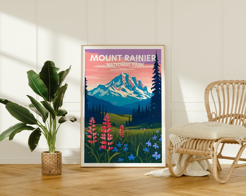 Affiche de voyage du mont Rainier, art mural du mont Rainier, impression du parc national, affiche du mont Rainier, art de la montagne, affiche de la nature, décoration murale