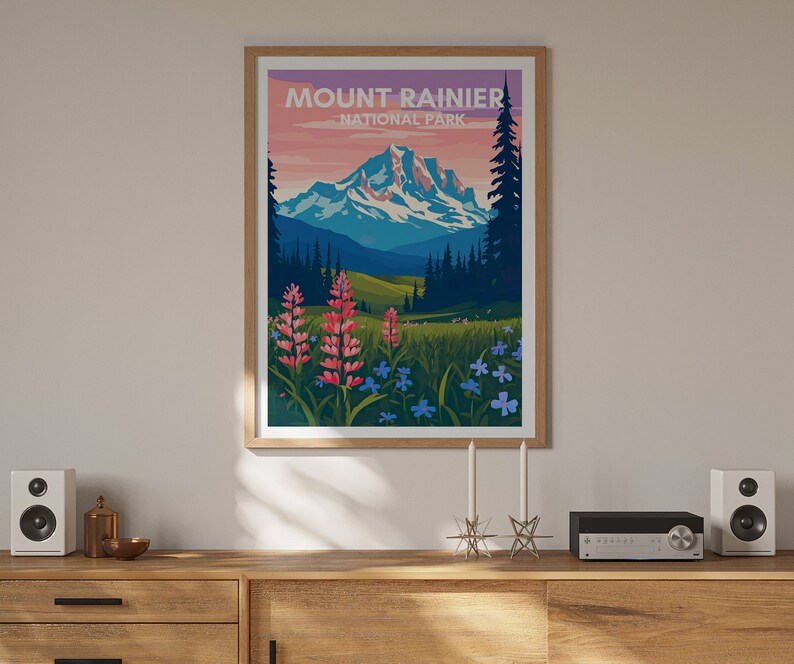 Affiche de voyage du mont Rainier, art mural du mont Rainier, impression du parc national, affiche du mont Rainier, art de la montagne, affiche de la nature, décoration murale