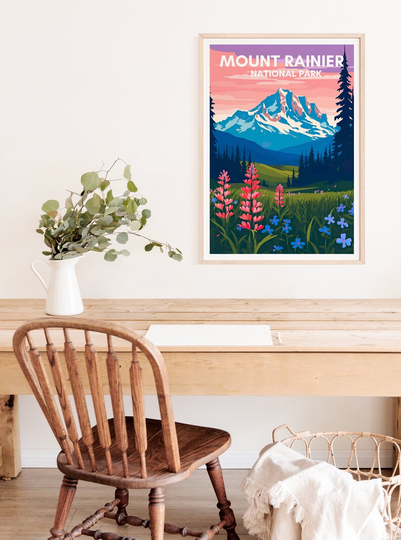 Affiche de voyage du mont Rainier, art mural du mont Rainier, impression du parc national, affiche du mont Rainier, art de la montagne, affiche de la nature, décoration murale
