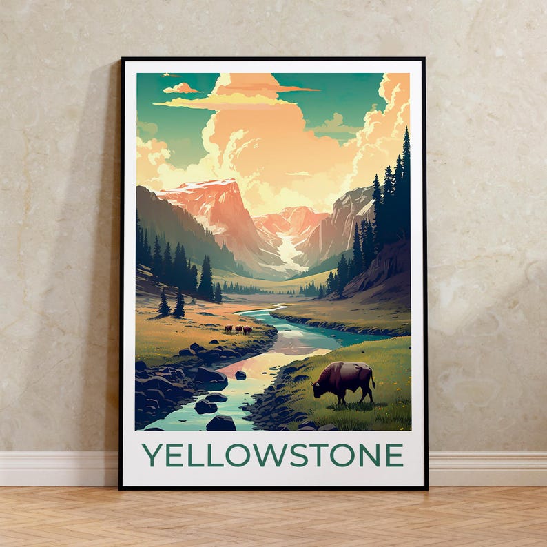 Affiche de voyage de Yellowstone, art mural de Yellowstone, impression de Yellowstone, affiche américaine, art de l'affiche, décoration murale, illustration de Yellowstone