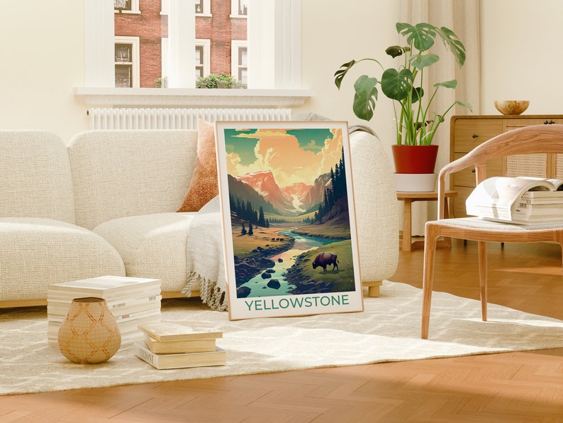 Affiche de voyage de Yellowstone, art mural de Yellowstone, impression de Yellowstone, affiche américaine, art de l'affiche, décoration murale, illustration de Yellowstone