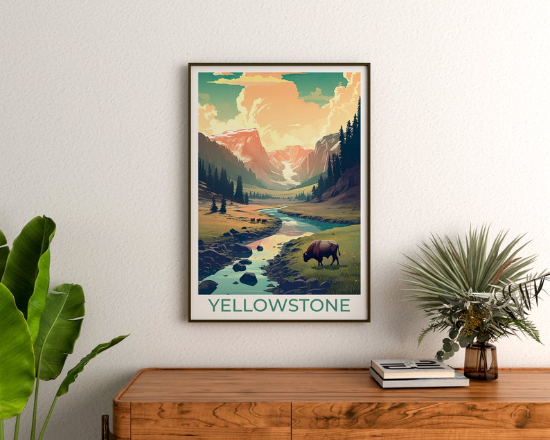 Affiche de voyage de Yellowstone, art mural de Yellowstone, impression de Yellowstone, affiche américaine, art de l'affiche, décoration murale, illustration de Yellowstone