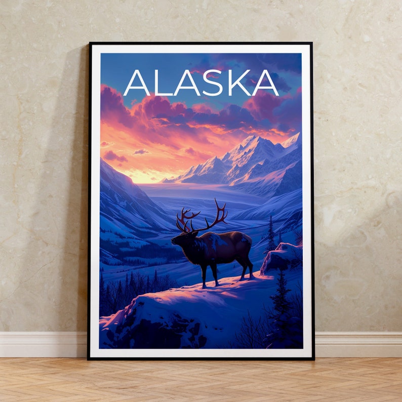 Alaska Travel Poster, Deer Wall Art, Deer Print, Alaska Poster, Deer Poster, Alaska Art