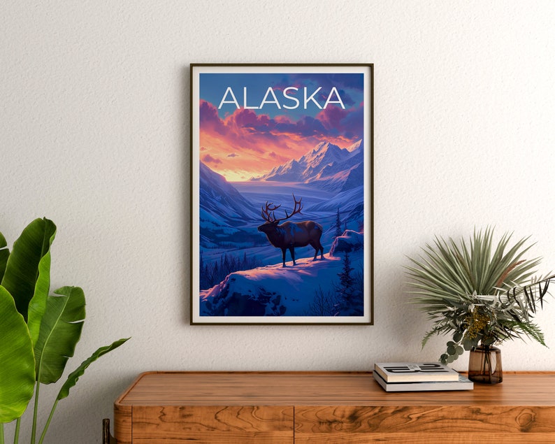 Alaska Travel Poster, Deer Wall Art, Deer Print, Alaska Poster, Deer Poster, Alaska Art