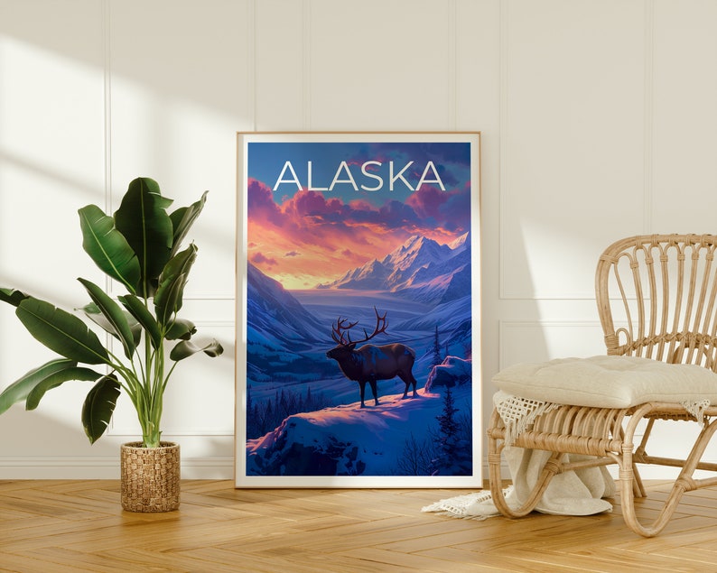 Alaska Travel Poster, Deer Wall Art, Deer Print, Alaska Poster, Deer Poster, Alaska Art