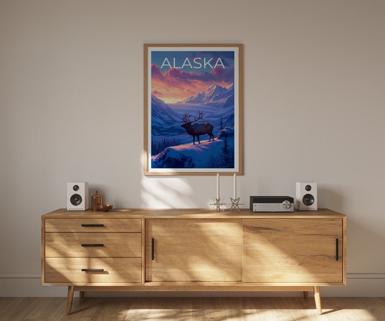 Alaska Travel Poster, Deer Wall Art, Deer Print, Alaska Poster, Deer Poster, Alaska Art
