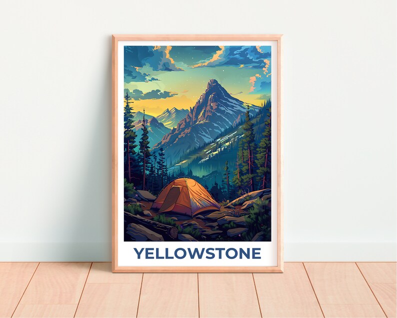 Affiche du parc national de Yellowstone, affiche de camping, affiche du Wyoming, affiche de voyage de Yellowstone, affiche de montagne