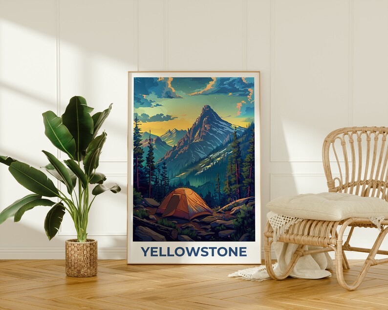 Affiche du parc national de Yellowstone, affiche de camping, affiche du Wyoming, affiche de voyage de Yellowstone, affiche de montagne