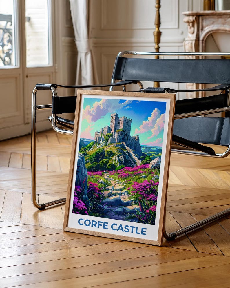 Corfe Castle Poster, England Travel Print, Castle Art, UK Illustration, Landscape Poster, Scenic Wall Art, Home Decor, Birthday Gift