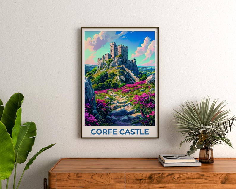 Corfe Castle Poster, England Travel Print, Castle Art, UK Illustration, Landscape Poster, Scenic Wall Art, Home Decor, Birthday Gift