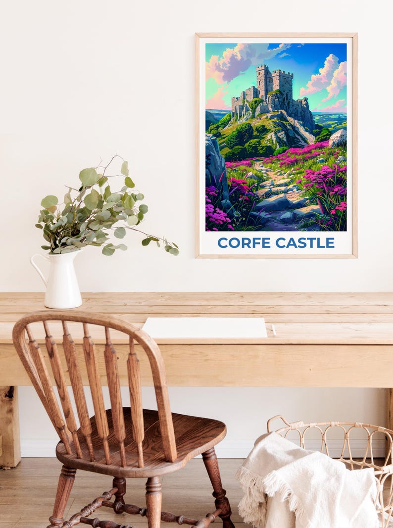 Corfe Castle Poster, England Travel Print, Castle Art, UK Illustration, Landscape Poster, Scenic Wall Art, Home Decor, Birthday Gift