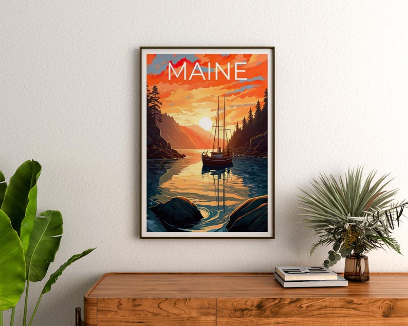 Maine Travel Poster, Boat Wall Art, Boat Print, Maine Poster, New England Poster, Nature Poster, Maine Print