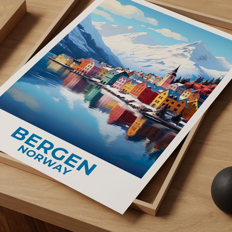 Bergen Travel Print Norway Poster Winter Town Wall Art Snow Illustration Bergen Poster Home Decor Birthday Gift