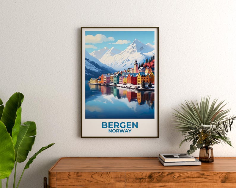 Bergen Travel Print Norway Poster Winter Town Wall Art Snow Illustration Bergen Poster Home Decor Birthday Gift