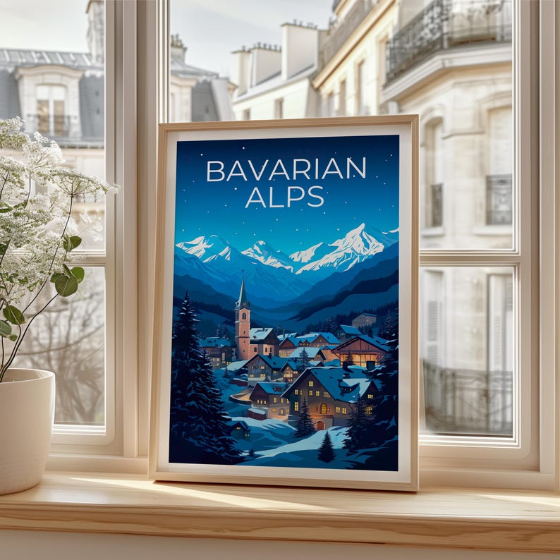 Bavarian Alps Travel Print Germany Poster European Town Wall Art Germany Illustration Bavarian Alps Poster Home Decor Birthday Gift