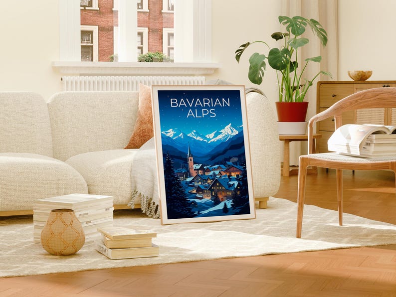 Bavarian Alps Travel Print Germany Poster European Town Wall Art Germany Illustration Bavarian Alps Poster Home Decor Birthday Gift
