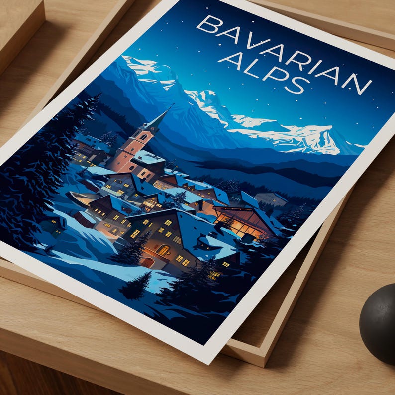 Bavarian Alps Travel Print Germany Poster European Town Wall Art Germany Illustration Bavarian Alps Poster Home Decor Birthday Gift