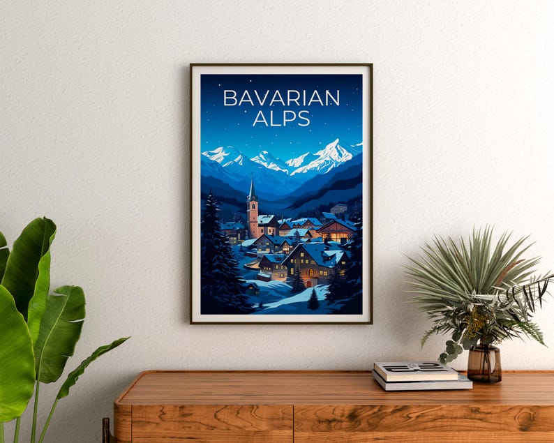 Bavarian Alps Travel Print Germany Poster European Town Wall Art Germany Illustration Bavarian Alps Poster Home Decor Birthday Gift