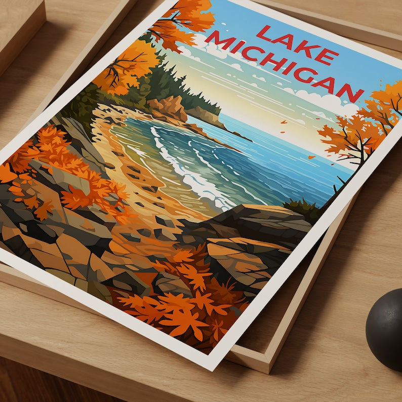 Lake Michigan Travel Poster, Great Lakes Wall Art, Great Lakes Print, Lake Poster, Nature Poster