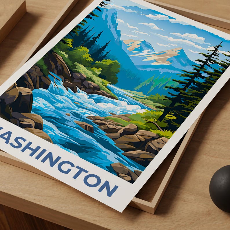 Washington State Poster, Cascades Travel Print, Forest Art, Washington Print, Mountain Poster, Mountains Gift, Washington Print