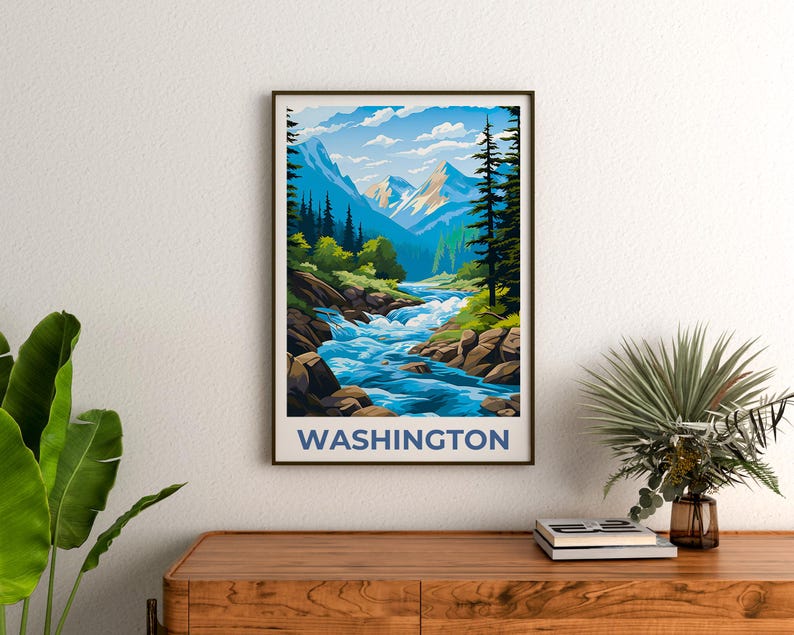Washington State Poster, Cascades Travel Print, Forest Art, Washington Print, Mountain Poster, Mountains Gift, Washington Print