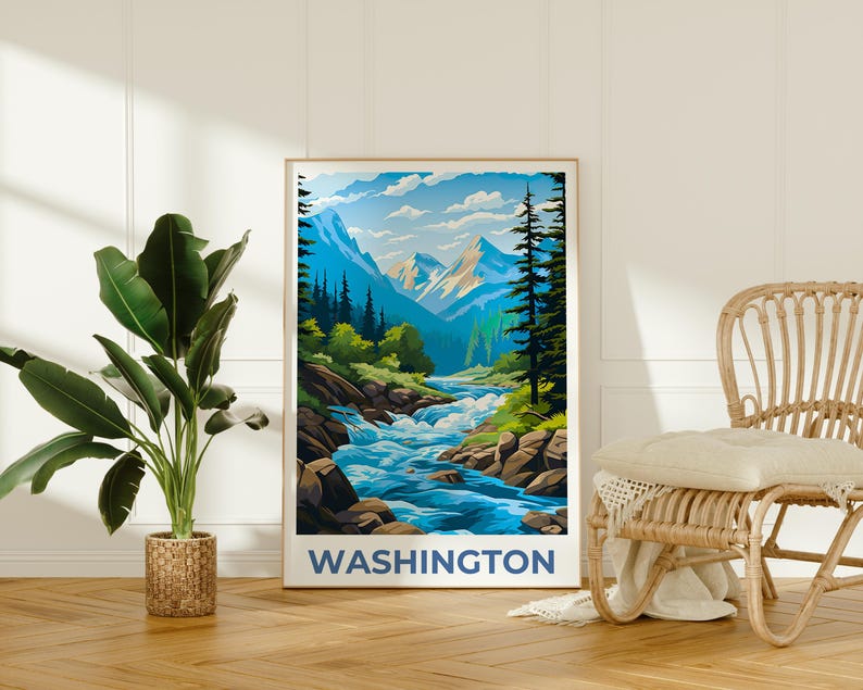 Washington State Poster, Cascades Travel Print, Forest Art, Washington Print, Mountain Poster, Mountains Gift, Washington Print