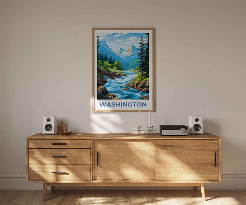 Washington State Poster, Cascades Travel Print, Forest Art, Washington Print, Mountain Poster, Mountains Gift, Washington Print