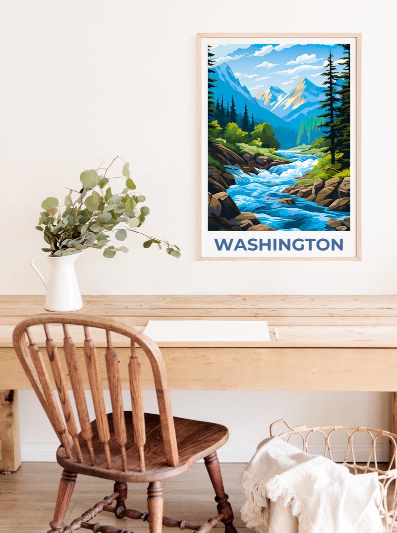 Washington State Poster, Cascades Travel Print, Forest Art, Washington Print, Mountain Poster, Mountains Gift, Washington Print