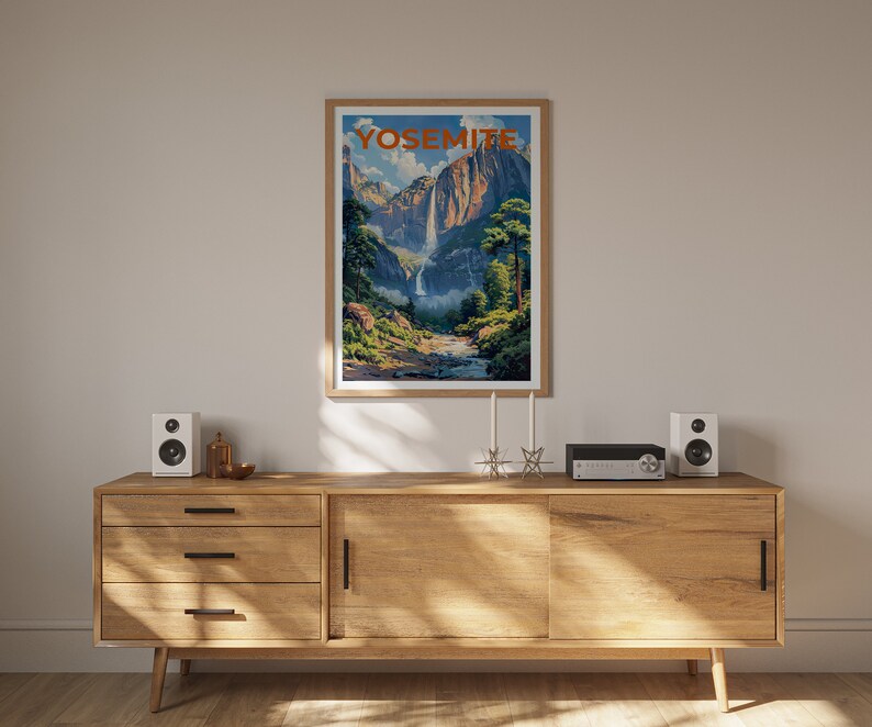 Affiche de Yosemite, impression de Sentinel Falls, art de Yosemite, impression de Yosemite, affiche de voyage de Yosemite, affiche de Sentinel Falls, art mural de Californie