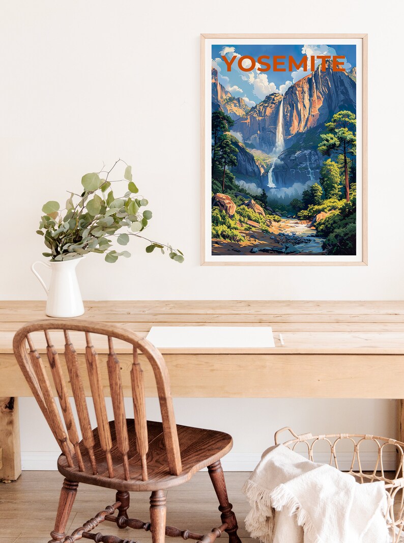 Affiche de Yosemite, impression de Sentinel Falls, art de Yosemite, impression de Yosemite, affiche de voyage de Yosemite, affiche de Sentinel Falls, art mural de Californie