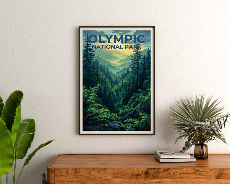 Affiche du parc national olympique, impression de Washington, art de Washington, impression olympique, affiche de voyage olympique, affiche de forêt